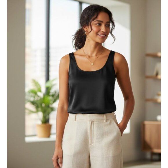 Eileen Fisher Stretch Silk Charmeuse Scoop Neck Tank Black XL - Picture 1 of 5